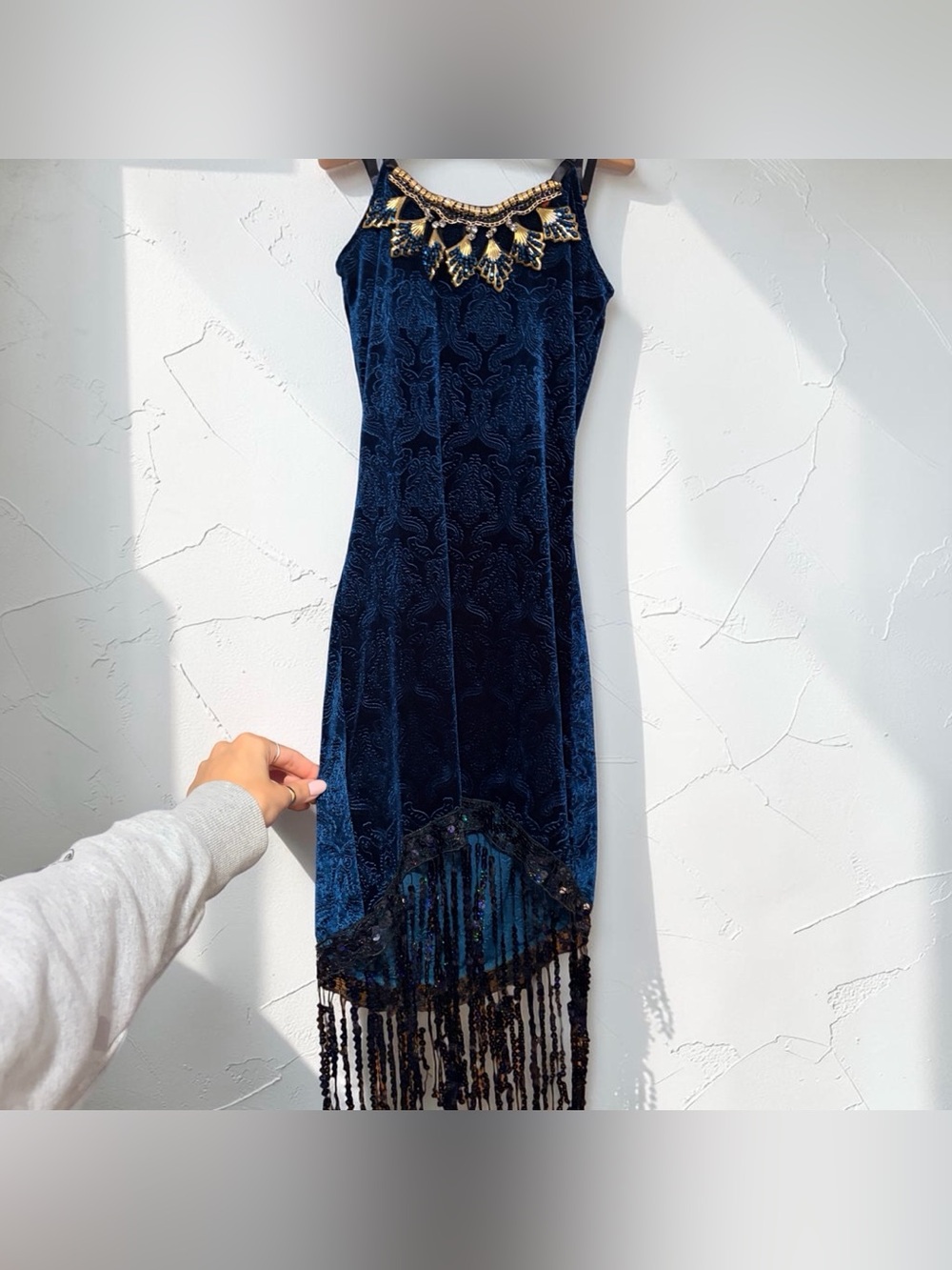 Dreamgirl Flapper Blue Velvet Fringe Rhinestone Halloween Costume Dress XS